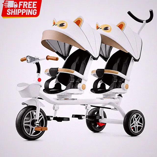 Twin Tricycle Stroller 2 Seat Tandem Double Pushchair Foldable Swivel Seats